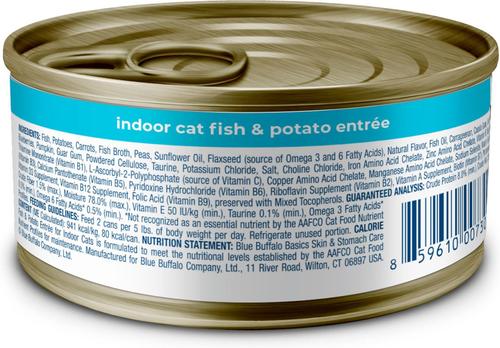 Show full view: Blue Buffalo Basics Skin & Stomach Care Grain-Free Fish & Potato Entree Indoor Adult Canned Cat Food, 3-oz, case of 24 slide 3 of 12