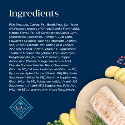 Show full view: Blue Buffalo Basics Skin & Stomach Care Grain-Free Fish & Potato Entree Indoor Adult Canned Cat Food, 3-oz, case of 24 slide 6 of 12