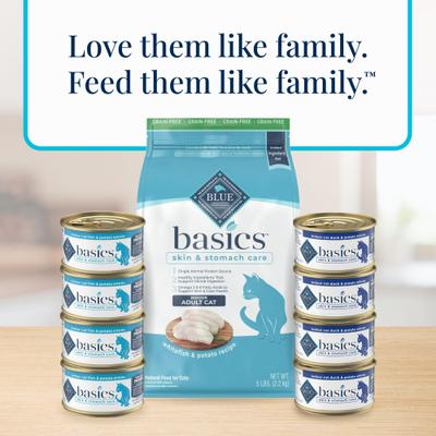 Show full view: Blue Buffalo Basics Skin & Stomach Care Grain-Free Fish & Potato Entree Indoor Adult Canned Cat Food, 3-oz, case of 24 slide 10 of 12