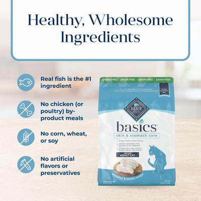 Show full view: Blue Buffalo Basics Skin & Stomach Care Grain-Free Fish & Potato Recipe Dry Cat Food, 11-lb bag slide 7 of 12