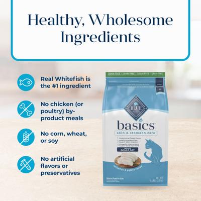 Show full view: Blue Buffalo Basics Skin & Stomach Care Grain-Free Fish & Potato Recipe Dry Cat Food, 5-lb bag slide 7 of 12