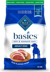 Blue Buffalo Basics Skin & Stomach Care Grain-Free Formula Duck & Potato Recipe Adult Dry Dog Food, 22-lb bag