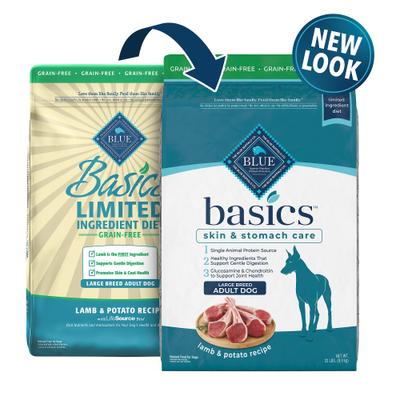 Show full view: Blue Buffalo Basics Skin & Stomach Care Grain-Free Formula Lamb & Potato Recipe Large Breed + Small Breed Adult Dry Dog Food slide 2 of 8