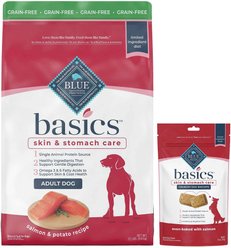 Blue Buffalo Basics Skin & Stomach Care Grain-Free Formula Salmon & Potato Recipe Adult Dry Food + Biscuits Salmon & Potato Dog Treats