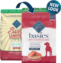 Blue Buffalo Basics Skin & Stomach Care Grain-Free Formula Salmon & Potato Recipe Adult Dry Food + Biscuits Salmon & Potato Dog Treats slide 2 of 7