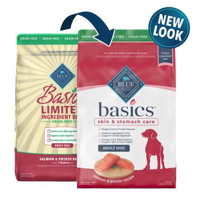 Show full view: Blue Buffalo Basics Skin & Stomach Care Grain-Free Formula Salmon & Potato Recipe Adult Dry Food + Biscuits Salmon & Potato Dog Treats slide 2 of 7