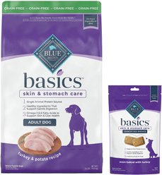 Blue Buffalo Basics Skin & Stomach Care Grain-Free Formula Turkey & Potato Recipe Adult Dry Food + Biscuits Turkey & Potato Dog Treats