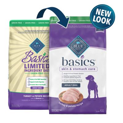 Show full view: Blue Buffalo Basics Skin & Stomach Care Grain-Free Formula Turkey & Potato Recipe Adult Dry Food + Biscuits Turkey & Potato Dog Treats slide 2 of 7