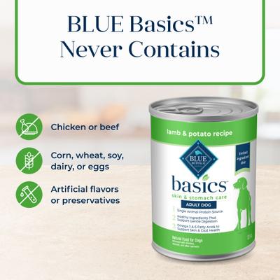 Show full view: Blue Buffalo Basics Skin & Stomach Care Grain-Free Lamb & Potato Adult Canned Dog Food, 12.5-oz, case of 12 slide 7 of 12