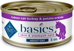 Blue Buffalo Basics Skin & Stomach Care Grain-Free Turkey & Potato Entree Indoor Adult Canned Cat Food, 3-oz, case of 24