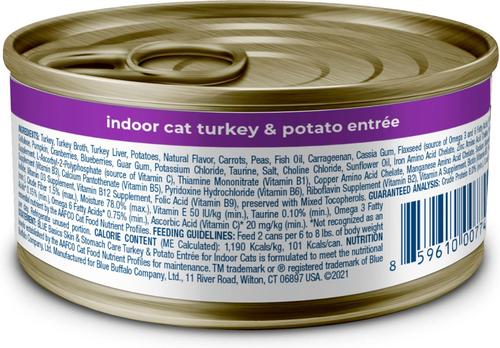 Show full view: Blue Buffalo Basics Skin & Stomach Care Grain-Free Turkey & Potato Entree Indoor Adult Canned Cat Food, 3-oz, case of 24 slide 3 of 12