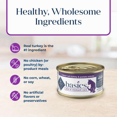 Show full view: Blue Buffalo Basics Skin & Stomach Care Grain-Free Turkey & Potato Entree Indoor Adult Canned Cat Food, 3-oz, case of 24 slide 7 of 12