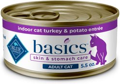 Blue Buffalo Basics Skin & Stomach Care Grain-Free Turkey & Potato Entree Indoor Adult Canned Cat Food, 5.5-oz, case of 24