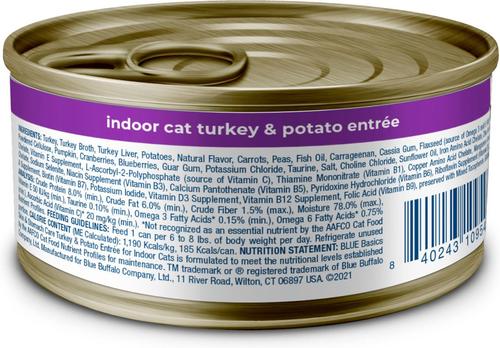 Show full view: Blue Buffalo Basics Skin & Stomach Care Grain-Free Turkey & Potato Entree Indoor Adult Canned Cat Food, 5.5-oz, case of 24 slide 3 of 12