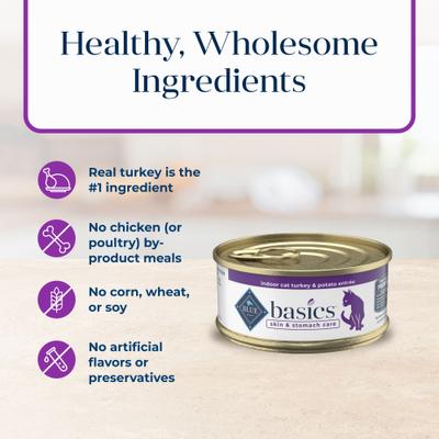 Show full view: Blue Buffalo Basics Skin & Stomach Care Grain-Free Turkey & Potato Entree Indoor Adult Canned Cat Food, 5.5-oz, case of 24 slide 7 of 12