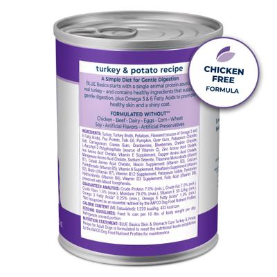 Show full view: Blue Buffalo Basics Skin & Stomach Care Grain-Free Turkey & Potato Recipe Canned Dog Food, 12.5-oz, case of 12 slide 3 of 12