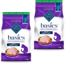 Blue Buffalo Basics Skin & Stomach Care Grain-Free Turkey & Potato Recipe Dry Cat Food, 22-lb bundle