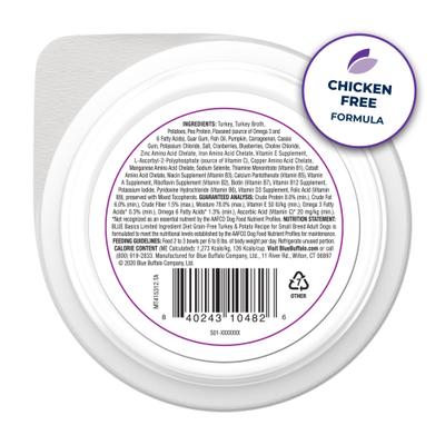 Show full view: Blue Buffalo Basics Skin & Stomach Care Grain-Free Turkey & Potato Small Breed Adult Wet Dog Food, 3.5-oz, case of 12 slide 3 of 12