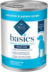 Blue Buffalo Basics Skin & Stomach Care Grain-Free Whitefish Entrée Adult Canned Dog Food, 12.5-oz can, case of 12