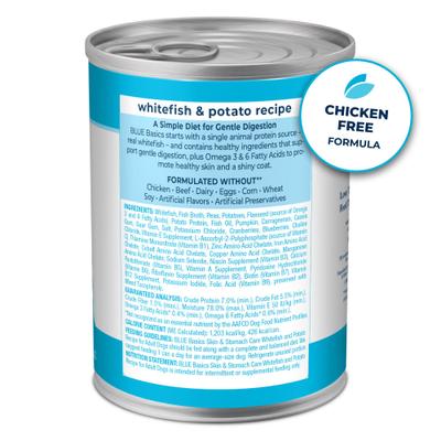 Show full view: Blue Buffalo Basics Skin & Stomach Care Grain-Free Whitefish Entrée Adult Canned Dog Food, 12.5-oz can, case of 12 slide 3 of 12