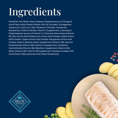 Show full view: Blue Buffalo Basics Skin & Stomach Care Grain-Free Whitefish Entrée Adult Canned Dog Food, 12.5-oz can, case of 12 slide 6 of 12