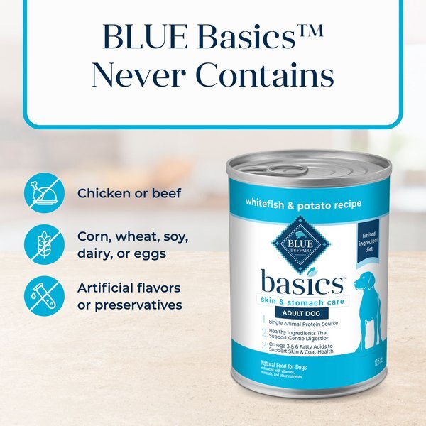 Blue Buffalo Basics Skin & Stomach Care Grain-Free Whitefish Entrée Adult Canned Dog Food, 12.5-oz can, case of 12