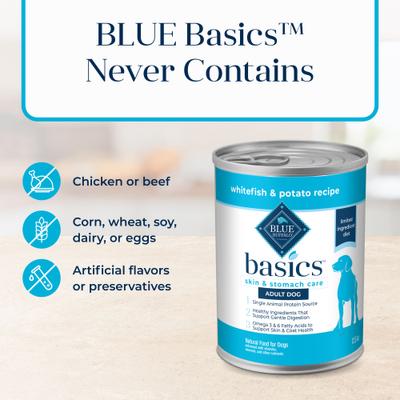 Show full view: Blue Buffalo Basics Skin & Stomach Care Grain-Free Whitefish Entrée Adult Canned Dog Food, 12.5-oz can, case of 12 slide 7 of 12