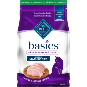Blue Buffalo Basics Skin & Stomach Care Mature Grain-Free Turkey & Potato Recipe Dry Cat Food, 5-lb bag