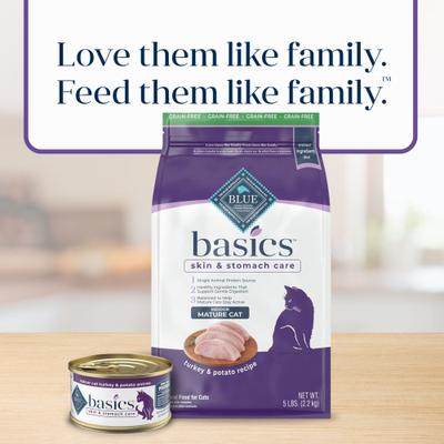 Show full view: Blue Buffalo Basics Skin & Stomach Care Mature Grain-Free Turkey & Potato Recipe Dry Cat Food, 5-lb bag slide 10 of 12