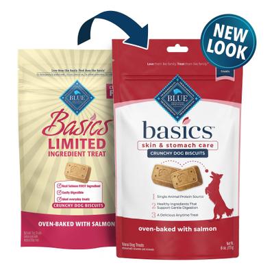 Show full view: Blue Buffalo Basics Skin & Stomach Care Salmon & Potato Recipe Adult Dry Food + Biscuits Salmon & Potato Dog Treats slide 6 of 8