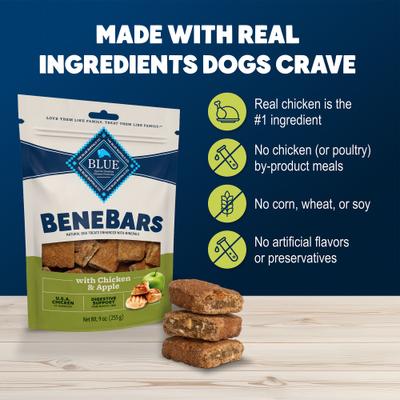 Show full view: Blue Buffalo BeneBars Chicken & Apple Digestive Support with Prebiotic Fiber Dog Treats, 9-oz bag slide 8 of 11