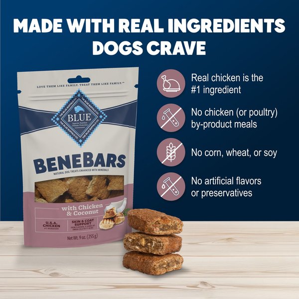Blue Buffalo Benebars Skin & Coat Support, Chicken & Coconut Natural Dog Treats, 9-oz bag