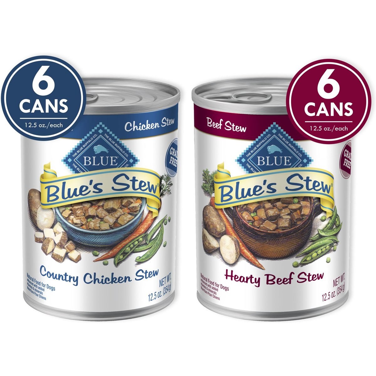 Blue Buffalo Blue's Stews Grain-Free Chicken & Beef Variety Pack Adult Wet Dog Food, 12.5-oz can, case of 12