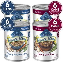 Blue Buffalo Blue's Stews Grain-Free Chicken & Beef Variety Pack Adult Wet Dog Food, 12.5-oz can, bundle of 24  slide 1 of 6