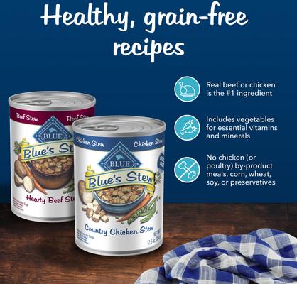 Show full view: Blue Buffalo Blue's Stews Grain-Free Chicken & Beef Variety Pack Adult Wet Dog Food, 12.5-oz can, bundle of 24  slide 3 of 8