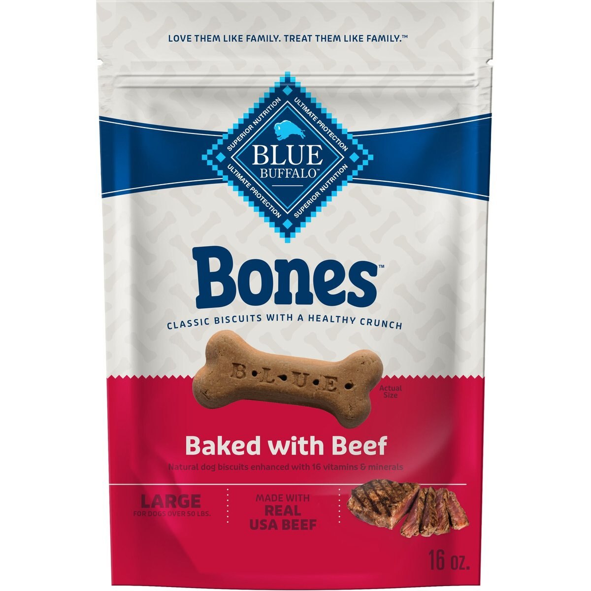 Blue Buffalo Bones Classic Biscuits Beef Dog Treats, 16-oz bag, Large