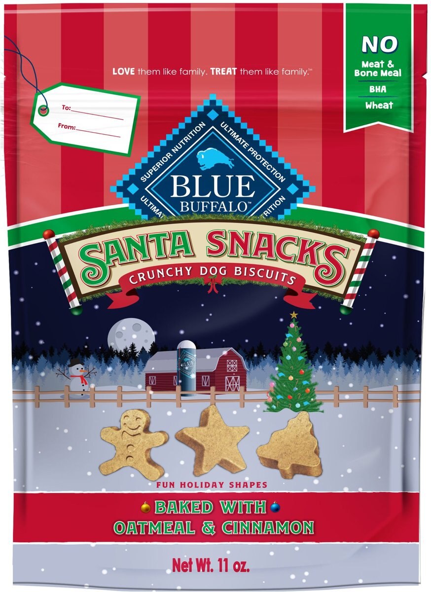 Blue Buffalo Christmas Santa Snacks Crunchy Dog Biscuits, Natural Holiday Treats, Baked with Oatmeal & Cinnamon Recipe, 11-oz bag