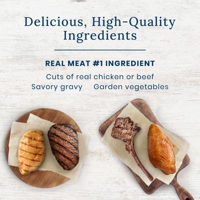 Show full view: Blue Buffalo Delectables Tasty Chicken, Hearty Beef, Tender Turkey & Savory Lamb Natural Dinner Variety Pack Wet Dog Food Topper, 3-oz pouch, case of 24 slide 4 of 7