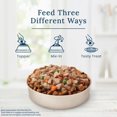 Show full view: Blue Buffalo Delectables Tasty Chicken, Hearty Beef, Tender Turkey & Savory Lamb Natural Dinner Variety Pack Wet Dog Food Topper, 3-oz pouch, case of 24 slide 3 of 7
