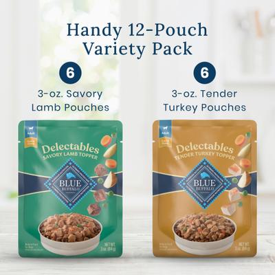 Show full view: Blue Buffalo Delectables Variety Pack Wet Dog Food Topper, 3-oz pouch, case of 12 slide 6 of 10