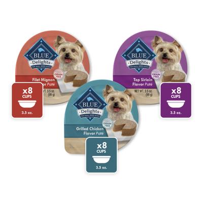 Show full view: Blue Buffalo Delights Grain-Free Chicken, Top Sirloin & Filet Mignon Variety Pack Adult Small Breed Pate Wet Dog Food, 3.5-oz can, case of 24 slide 1 of 7