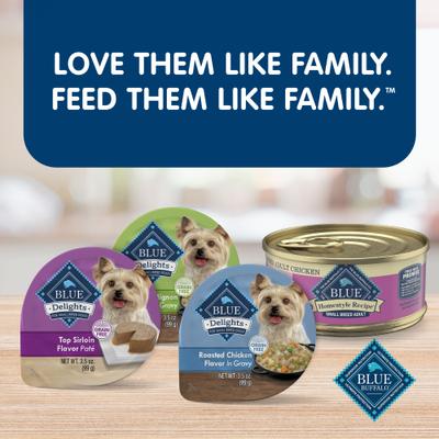 Show full view: Blue Buffalo Delights Grain-Free Chicken, Top Sirloin & Filet Mignon Variety Pack Adult Small Breed Pate Wet Dog Food, 3.5-oz can, case of 24 slide 6 of 7