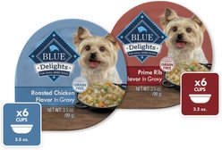 Blue Buffalo Delights Natural Adult Small Breed Wet Dog Food, Variety Pack, Chicken & Prime Rib Cuts in Gravy 3.5-oz cups, case of 12