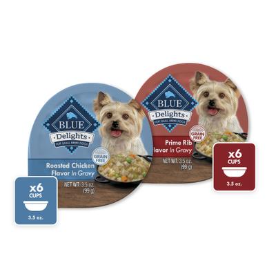 Show full view: Blue Buffalo Delights Natural Adult Small Breed Wet Dog Food, Variety Pack, Chicken & Prime Rib Cuts in Gravy 3.5-oz cups, case of 12 slide 1 of 6