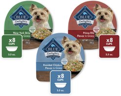 Blue Buffalo Delights Natural Adult Small Breed Wet Dog Food, Variety Pack, Chicken, Prime Rib & NY Strip Cuts in Gravy 3.5-oz cups, case of 24