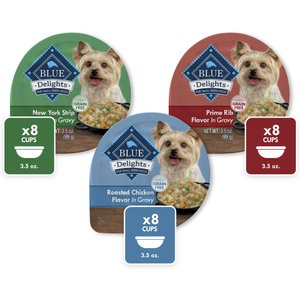 Blue Buffalo Delights Natural Adult Small Breed Wet Dog Food, Variety Pack, Chicken, Prime Rib & NY Strip Cuts in Gravy 3.5-oz cups, case of 24