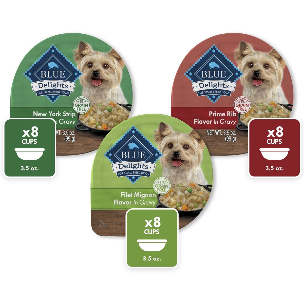 Blue Buffalo Delights Natural Adult Small Breed Wet Dog Food, Variety Pack, Prime Rib, NY Strip, & Filet Mignon Cuts in Gravy 3.5-oz cups, case of 24