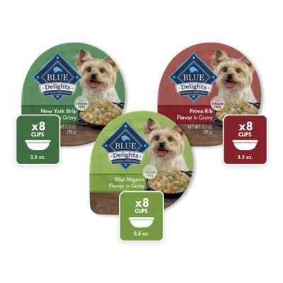 Show full view: Blue Buffalo Delights Natural Adult Small Breed Wet Dog Food, Variety Pack, Prime Rib, NY Strip, & Filet Mignon Cuts in Gravy 3.5-oz cups, case of 24 slide 1 of 7