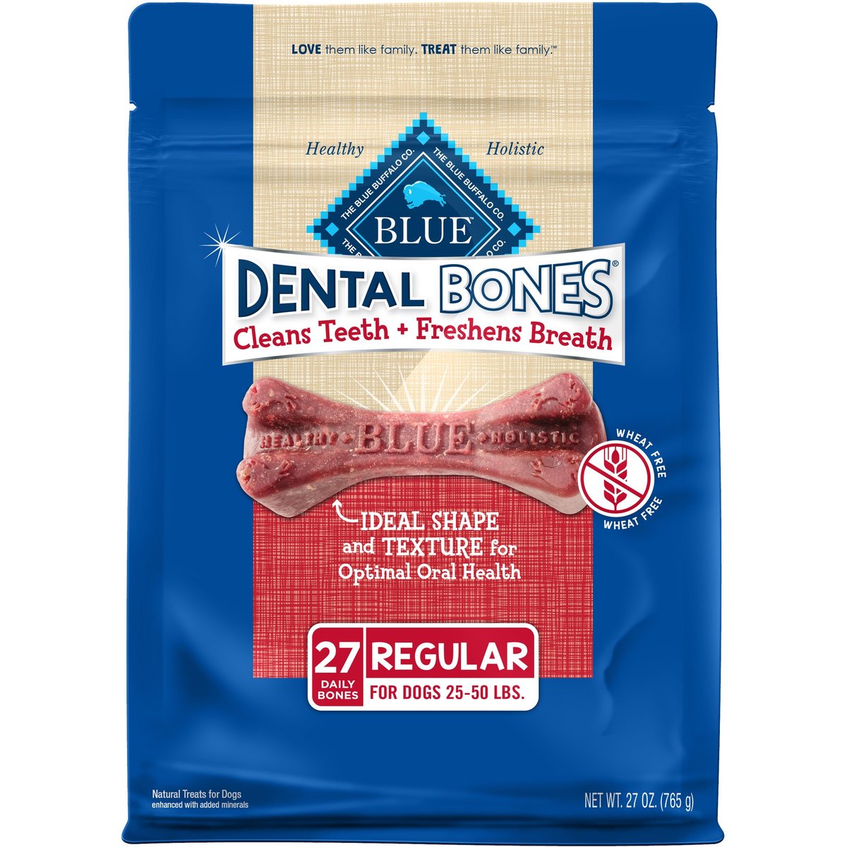 Blue Buffalo Dental Bones All Natural Rawhide-Free Regular Dental Dog Treats, 27 count