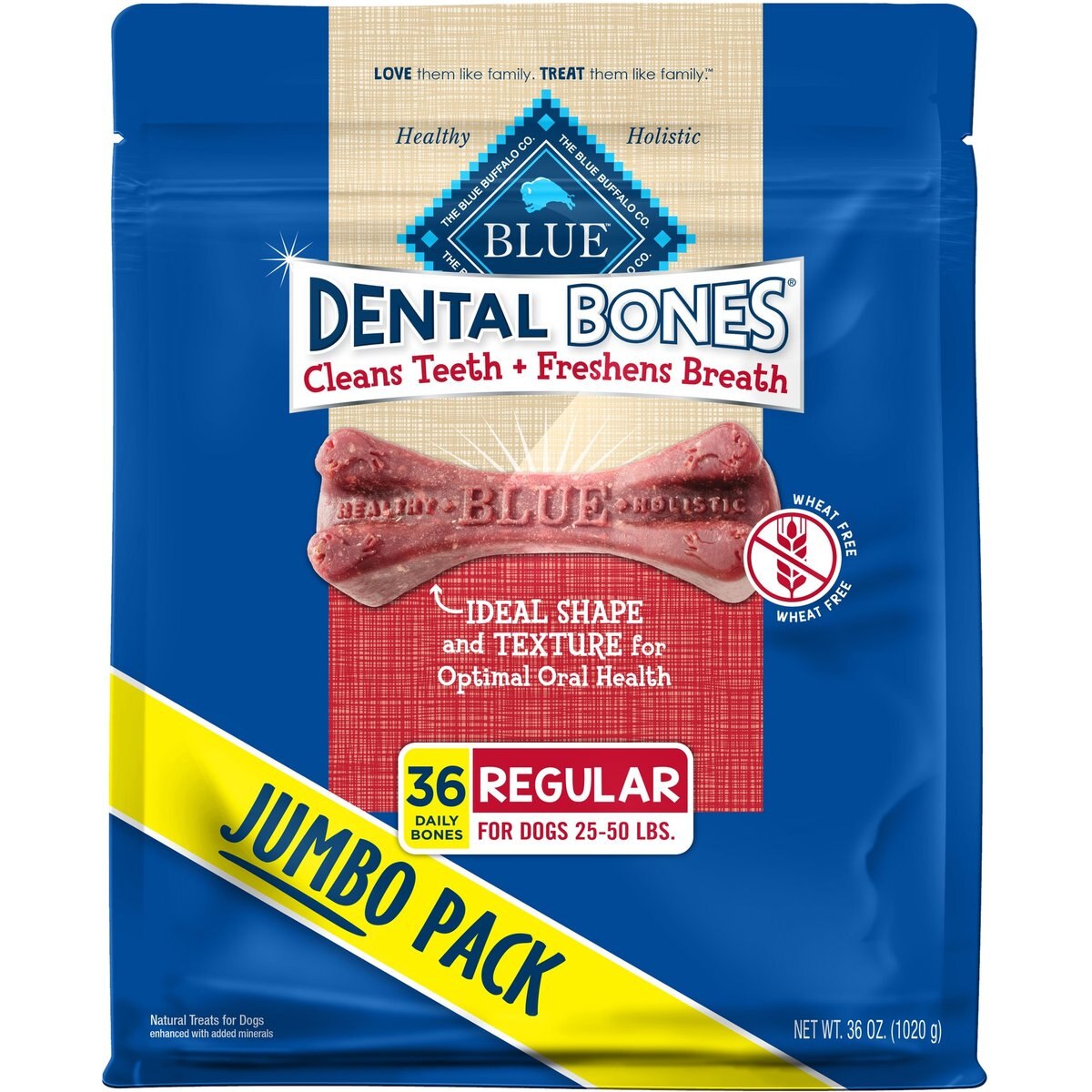 Blue Buffalo Dental Bones All Natural Rawhide-Free Regular Dental Dog Treats, 36 count